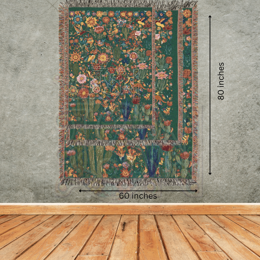 Vibrant Mexican Folk Art Woven Blanket in Green | Cacti, Birds, and Flowers Design