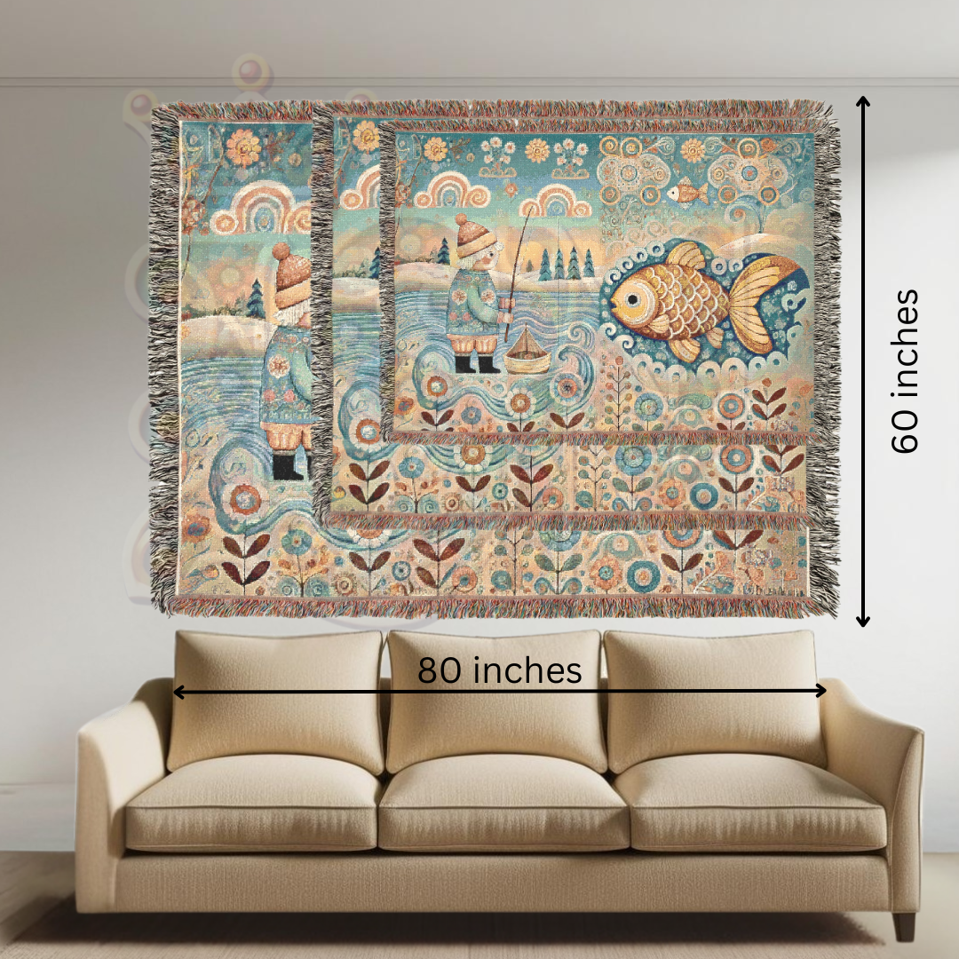 Golden Fish & Little Fisherman Woven Blanket, Folk Art Fairytale Light Tapestry – 100% Cotton Cozy Throw