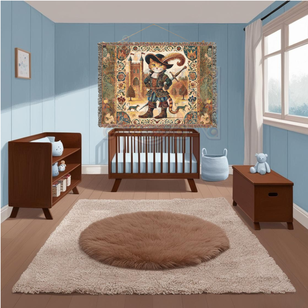 Puss in Boots Woven Blanket - 100% Cotton Tapestry Throw, Fairy Tale Cat Decor, Medieval Castle Art, Whimsical Vintage Gift