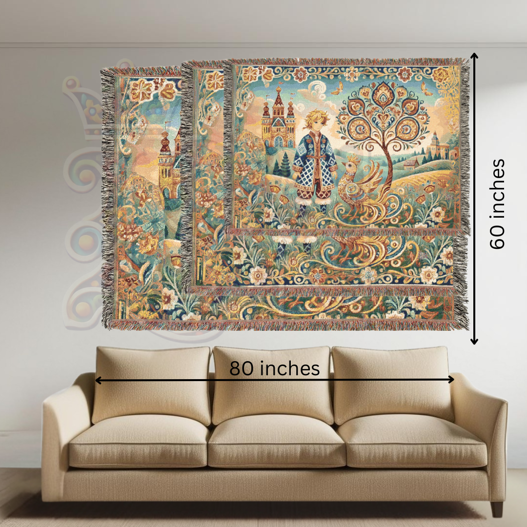 Fairy Tale Folk Art Woven Blanket – Enchanted Prince & Light Firebird, Slavic-Inspired Tapestry Throw for Cozy, Whimsical Décor