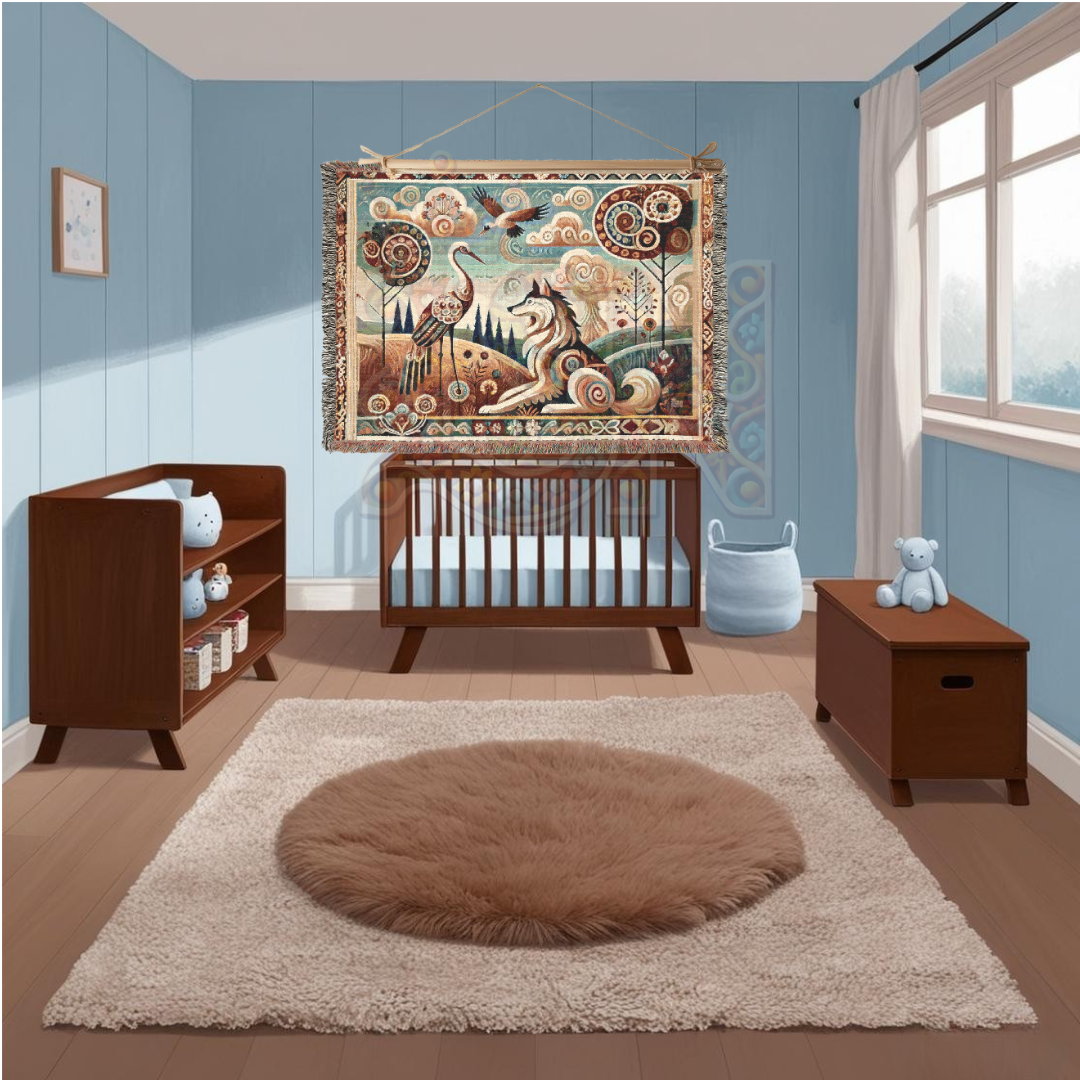 Boho Mystical Wolf & Crane Tapestry Blanket – Inspired by Aesop's Fables - Folk Art Nature Woven Throw, Whimsical Animal Decor for Dreamy Homes & Cozy Spaces
