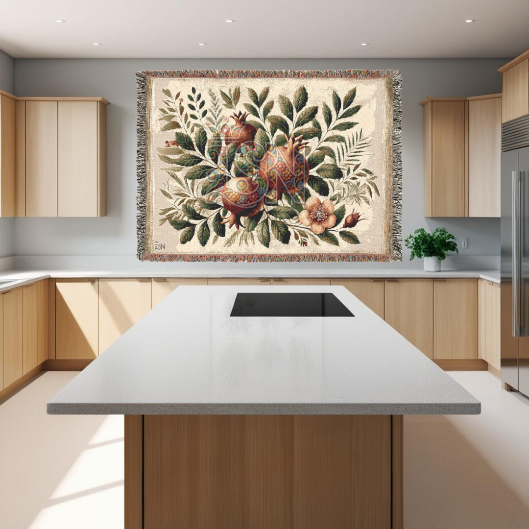 Pomegranate Blessing Woven Botanical Throw Blanket – 100% Cotton Heirloom Tapestry for Home & Gift