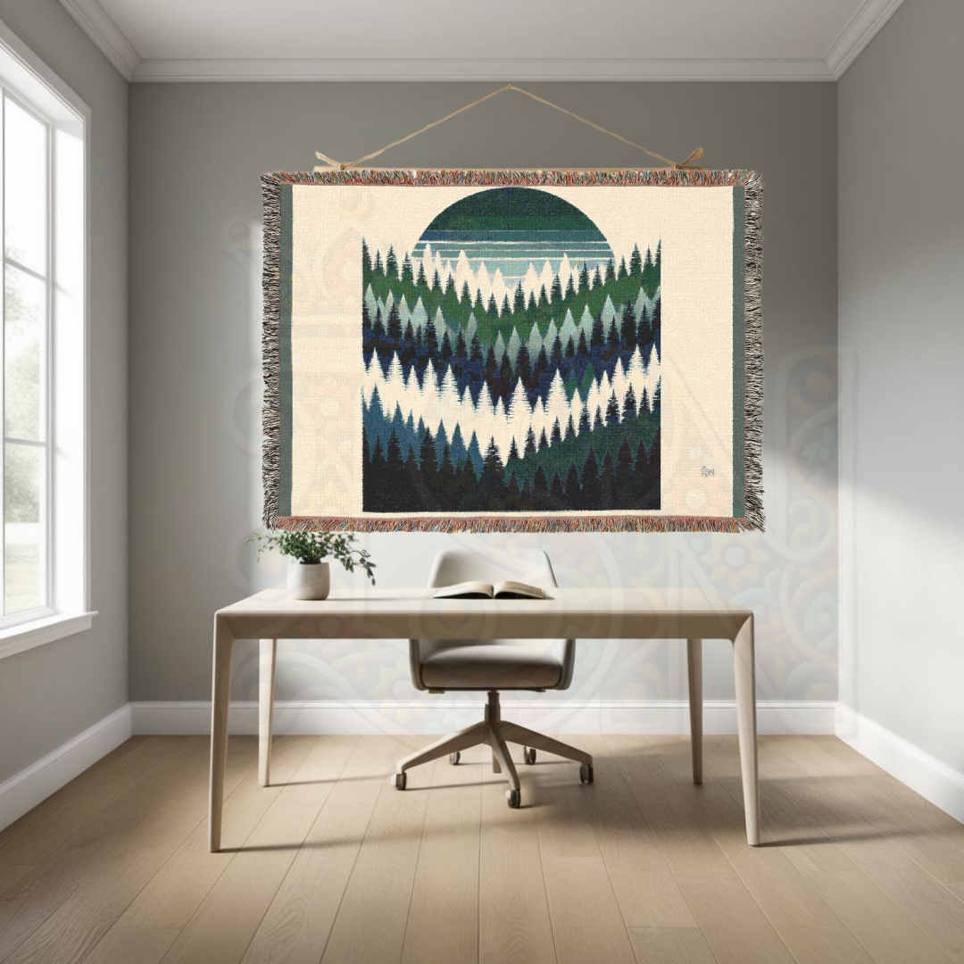 Forest Sunset Woven Blanket, 100% Cotton Throw – Nature-Inspired Cozy Tapestry for Home, Cabin, or Adventure Lovers