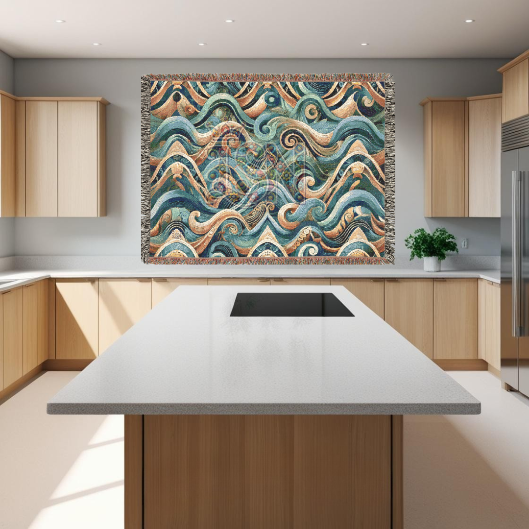 Abstract Ocean Waves Woven Throw Blanket – Tribal Inspired Cotton Tapestry