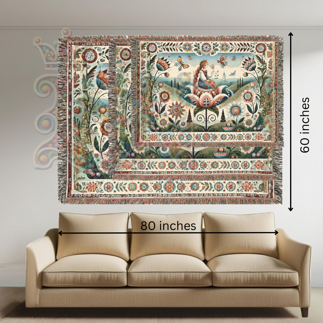 Whimsical Folk Art Thumbelina Inspired Princess Woven Blanket, 100% Cotton Tapestry – Storybook Fairytale Throw, Nordic Boho Home Decor, Cozy Gift for Her