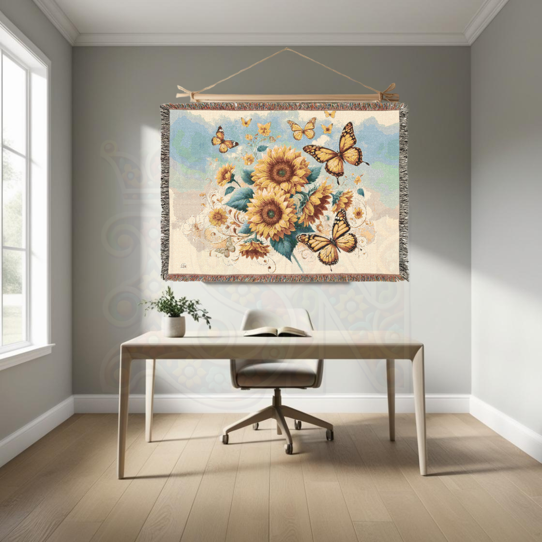 Sunflower Butterfly Woven Blanket – 100% Cotton Boho Throw 🌻 Cozy Cottagecore Tapestry, Nature-Inspired Home Decor, Rustic Farmhouse Gift