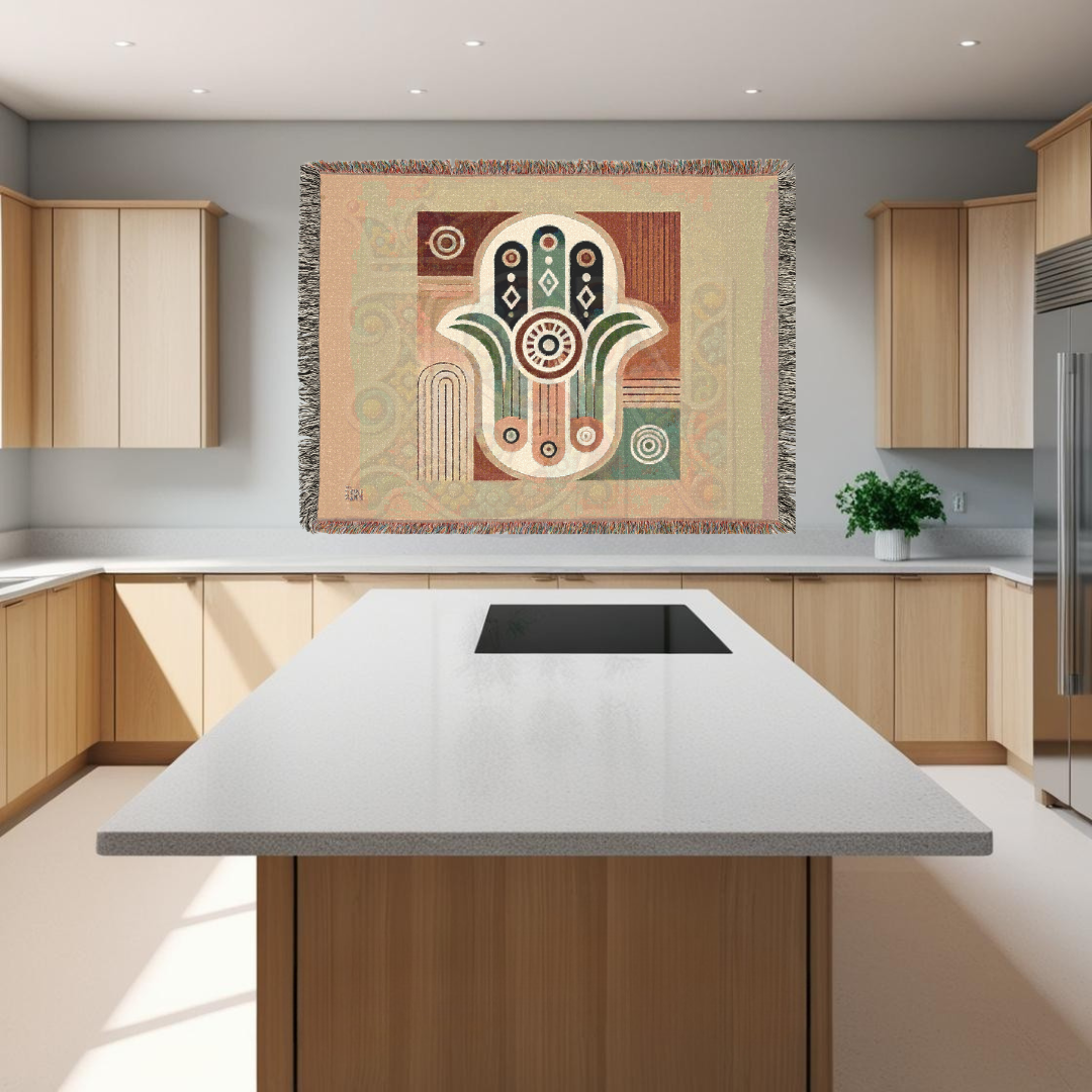 Hand Hamsa Folk Art Woven Blanket – Symbolic Hand of Protection & Peace Throw