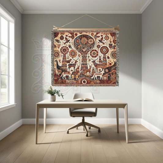 Folk Art Forest Tapestry Blanket – Enchanting Woodland Animals & Tree of Life, Rustic Boho Woven Throw for Cozy Home Decor & Nature Lovers