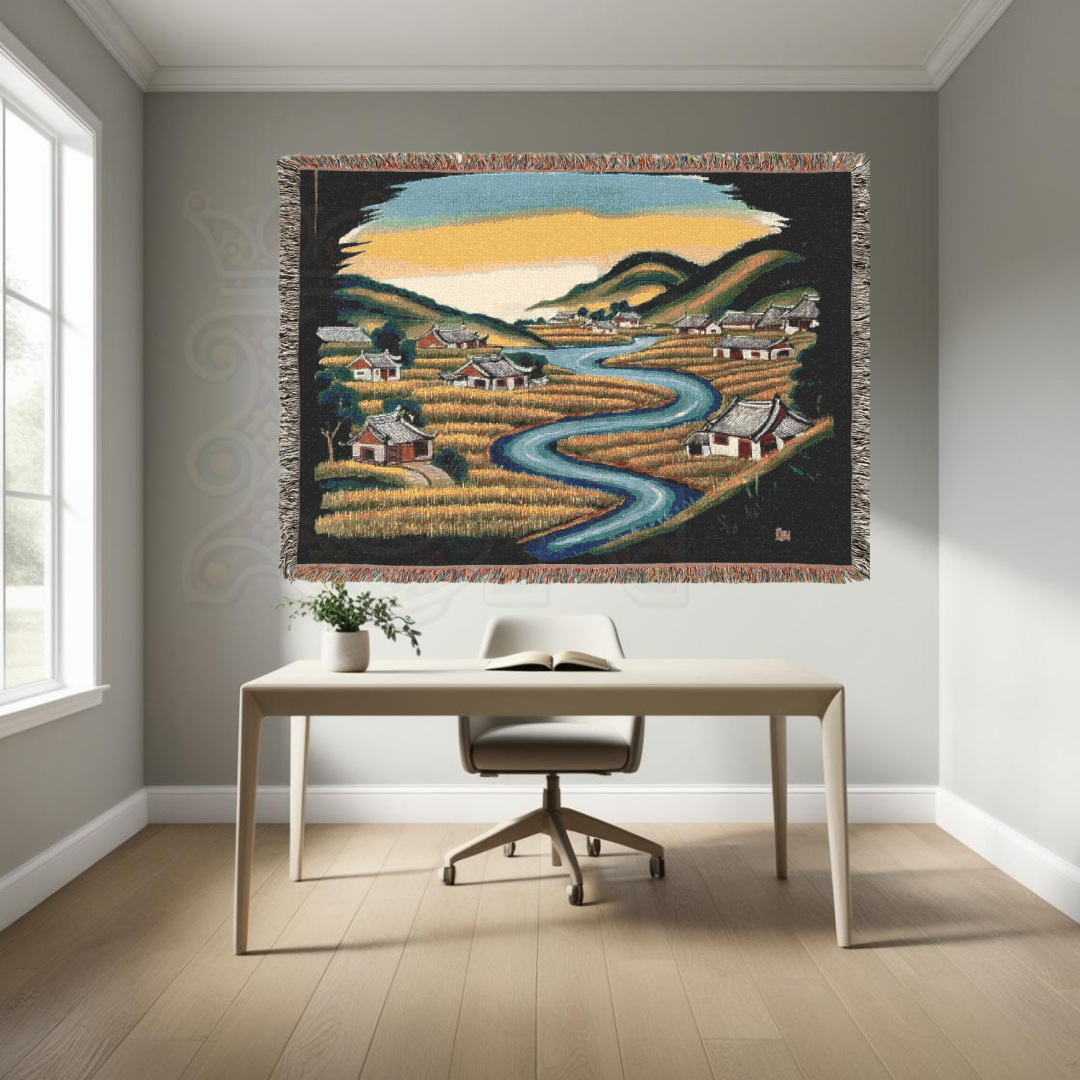 River of Rice – Asian Korean Folk Art Woven Throw Blanket with Countryside Village Scene