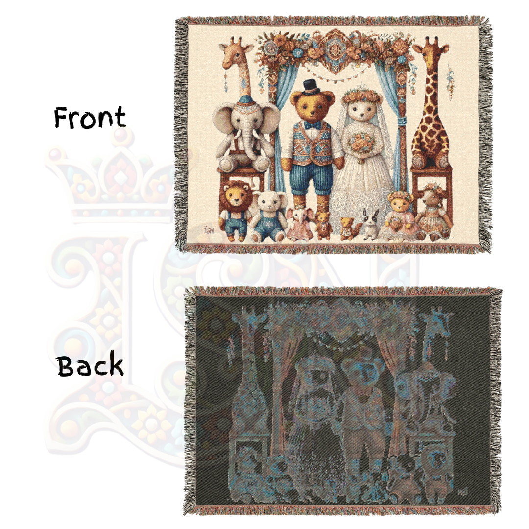 Teddy Bear Wedding Woven Blanket – 100% Cotton Vintage-Inspired Throw for Nursery, Wedding Gift, & Cozy Home Decor | Heirloom Tapestry for Storybook Lovers