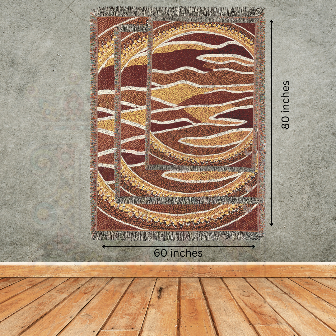 Australian Art-Inspired Woven Blanket – Earthy Tribal Tapestry with Nature Motifs