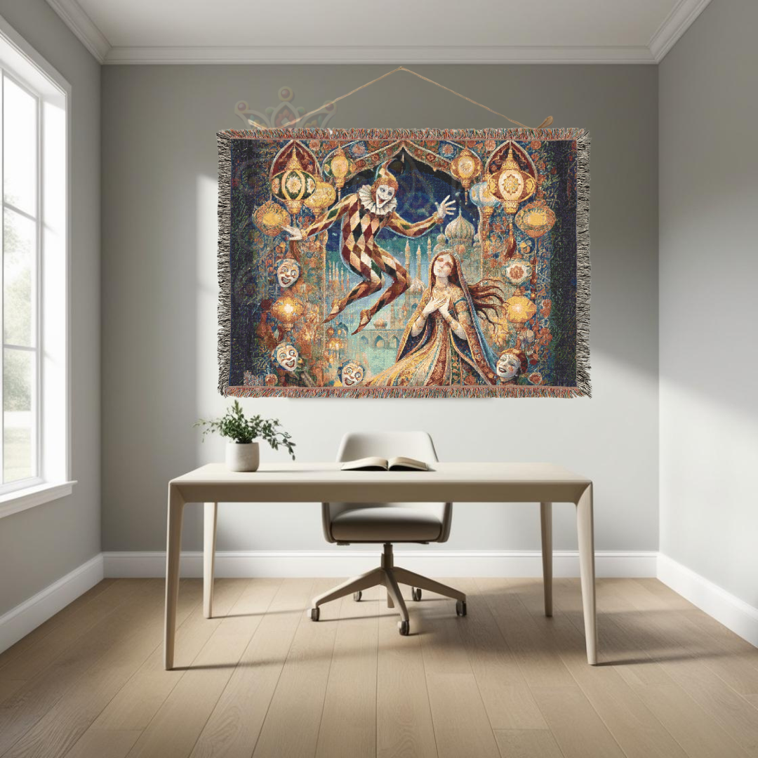Enchanting Harlequin & Maiden Woven Blanket – 100% Cotton, Fantasy Tapestry, Bohemian Home Decor, Gothic Art Throw, Unique Gift