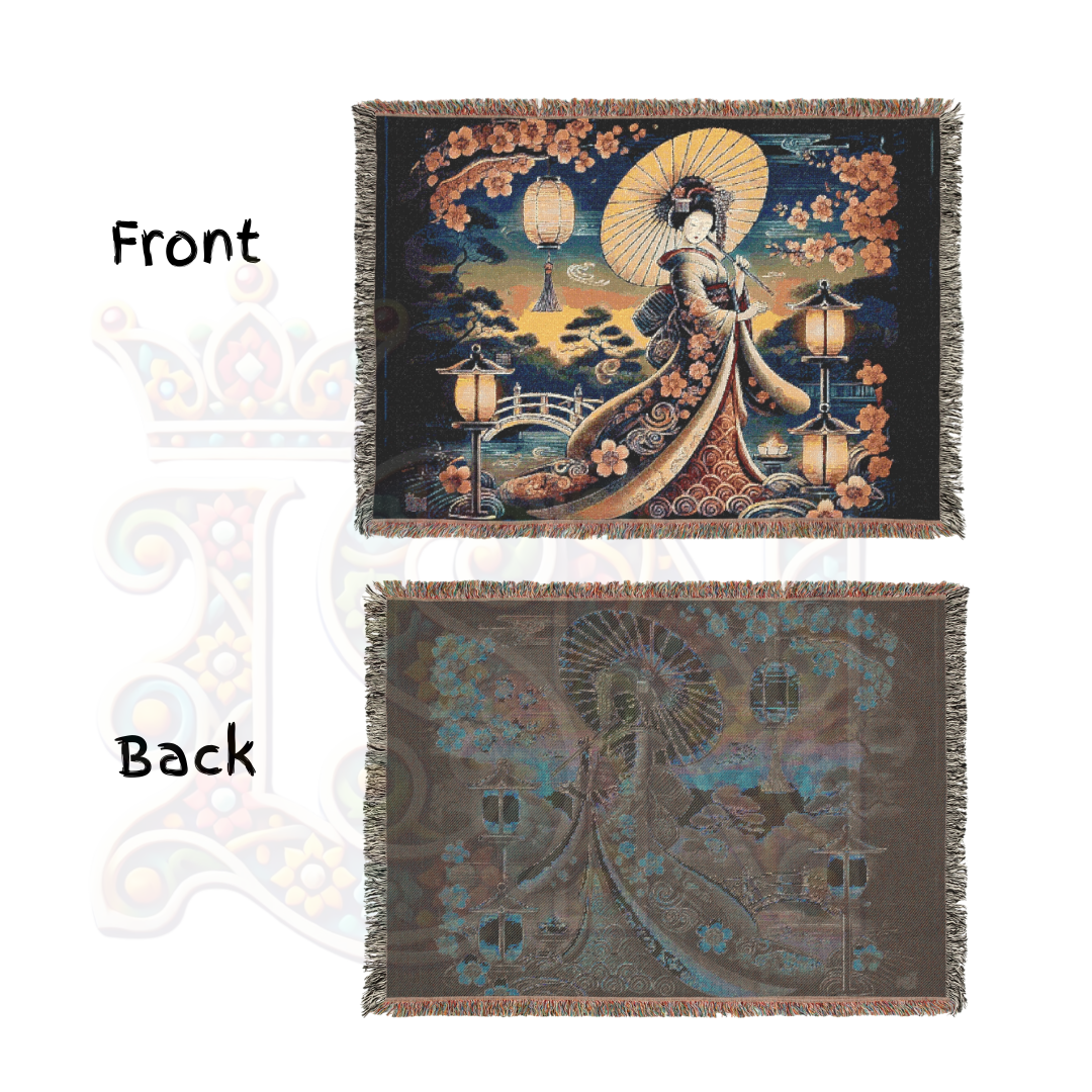 Japanese Folk Art Geisha Woman Serenity Tapestry Blanket – Elegant Japanese Art, Cherry Blossoms & Lantern Glow – Cozy & Decorative Throw