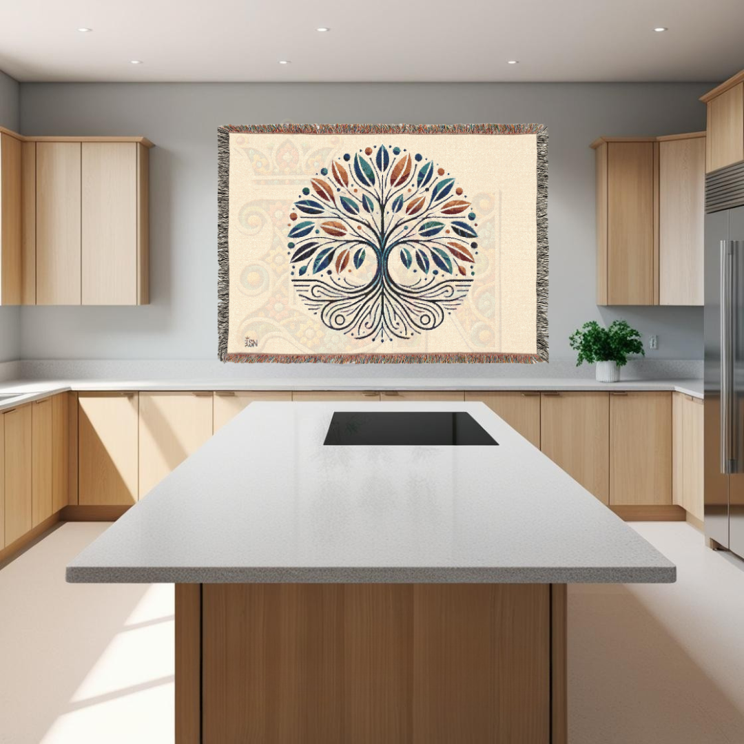 Tree of Life Woven Throw Blanket – Nature-Inspired Cotton Tapestry in Blue & Rust
