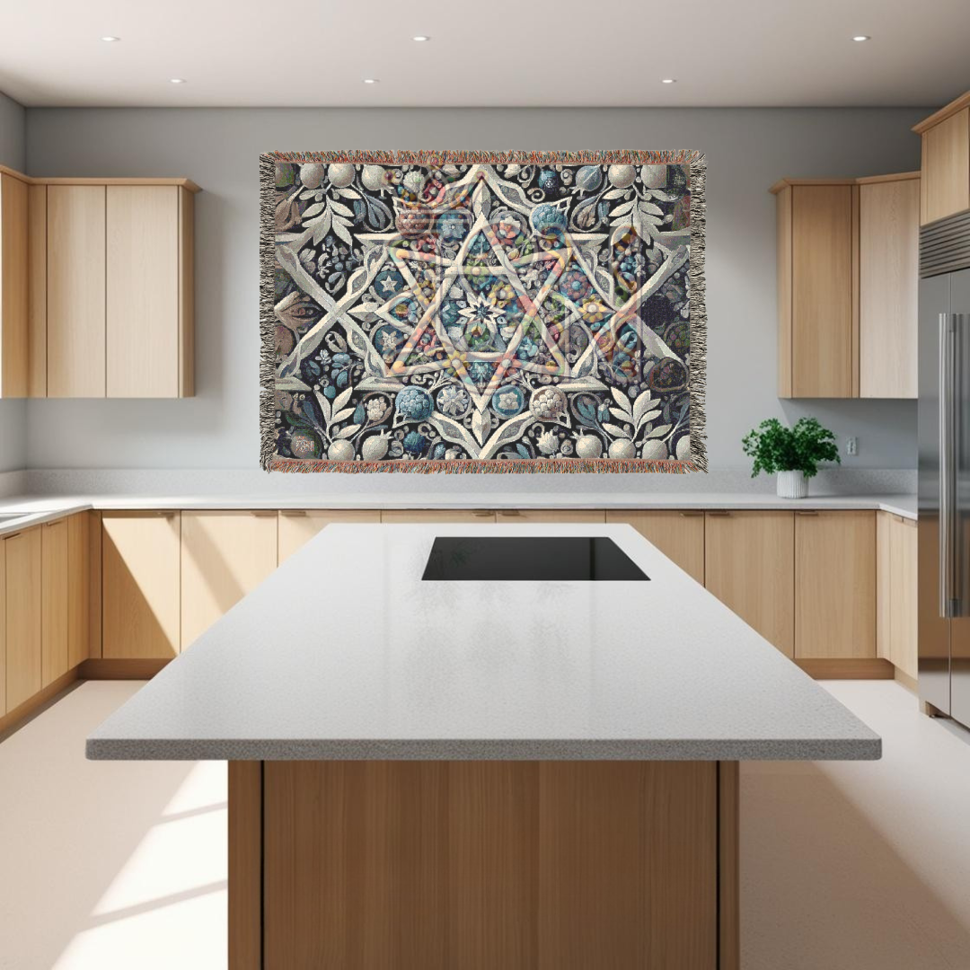 Star of David Woven Throw Blanket – Pomegranate & Floral Jewish Heritage Tapestry