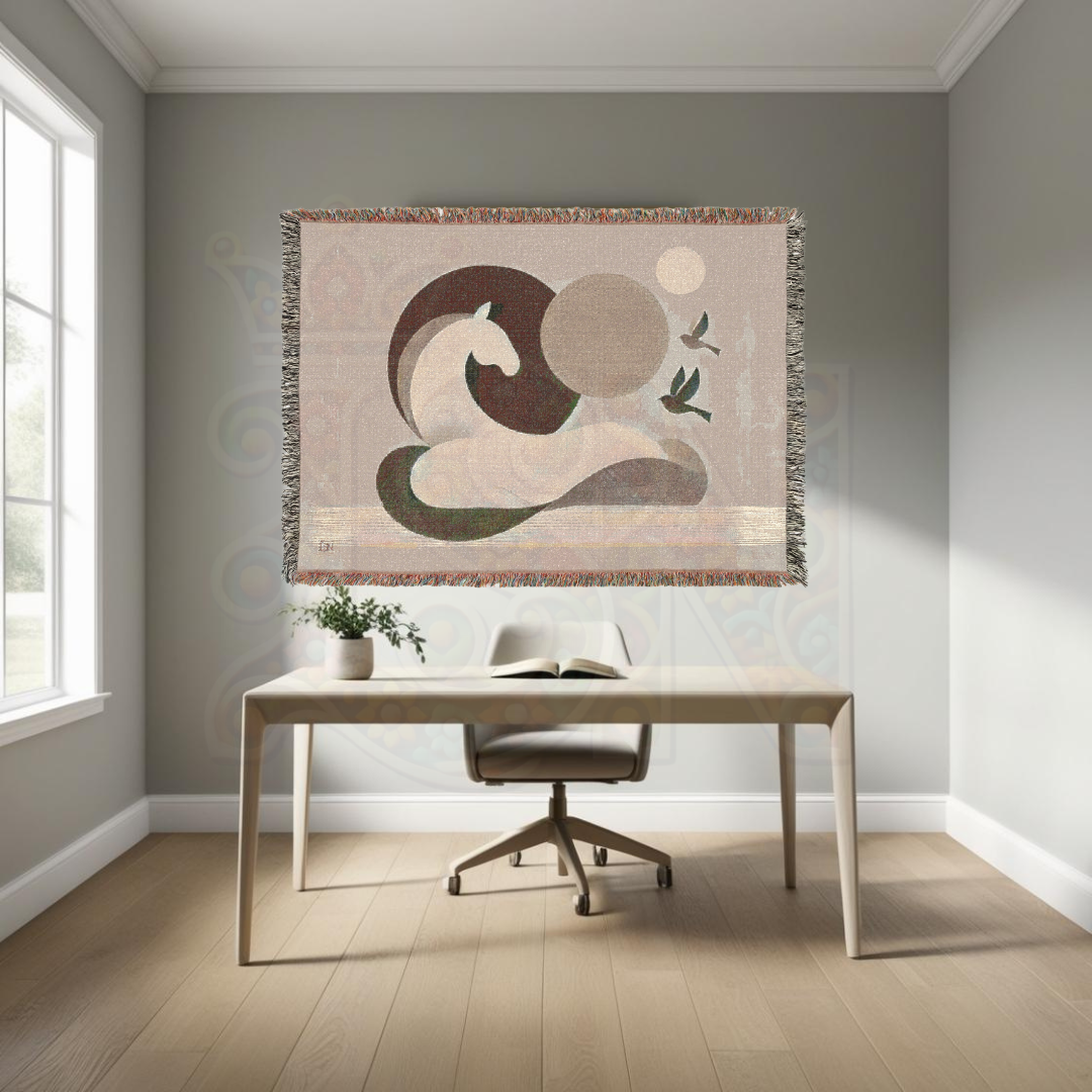 Serene Equine Minimalist Horse and Birds Woven Blanket, Earth Tone Cozy Throw, Modern Nature-Inspired Home Decor Gift