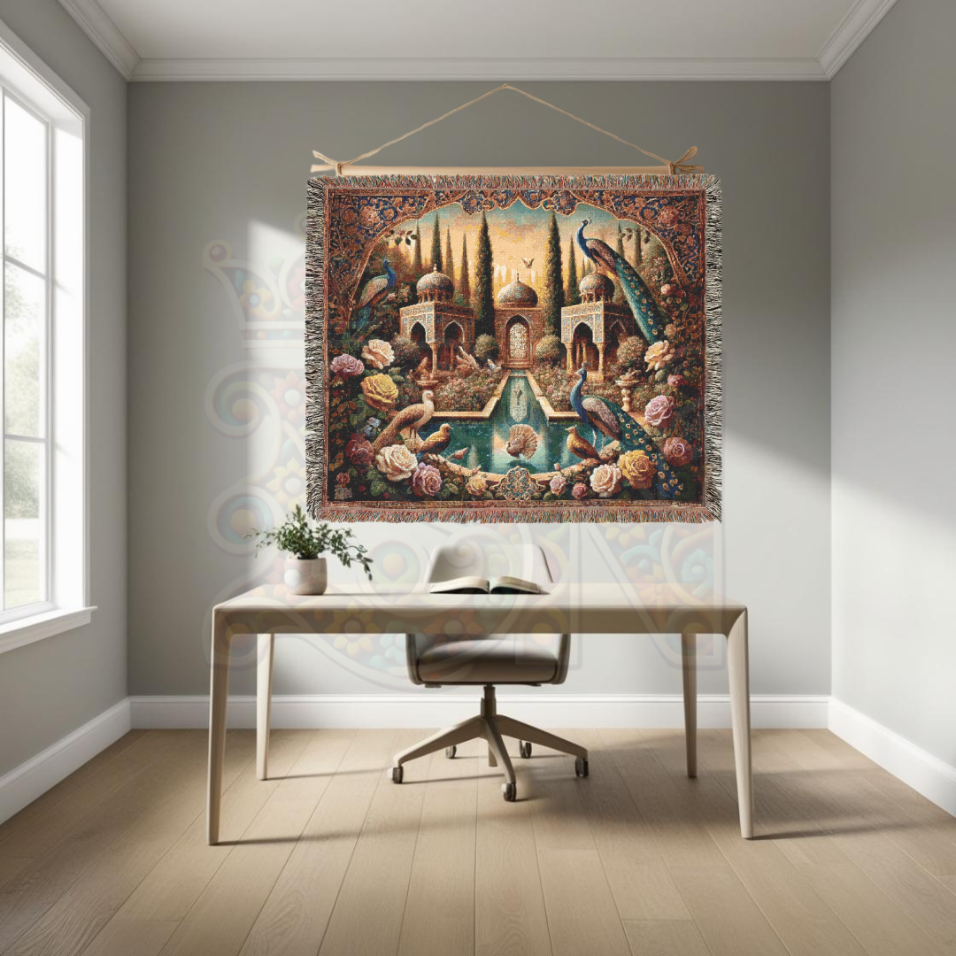 Birds of Persia Woven Blanket, 100% Cotton Throw, Elegant Persian Garden Art, Peacock Tapestry, Luxurious Home Decor & Boho Accent