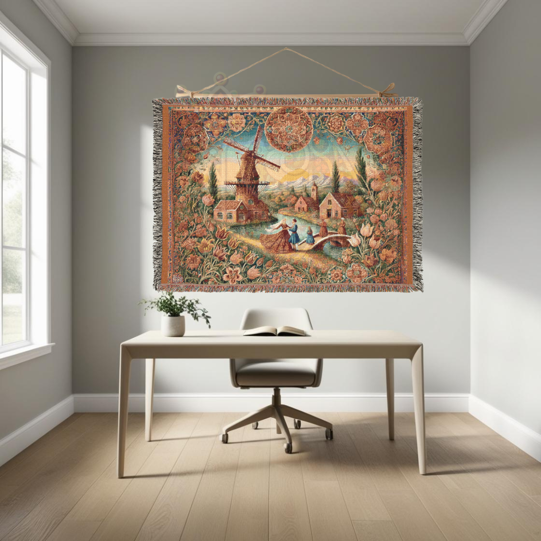 Dutch Countryside Woven Blanket – 100% Cotton, Windmill Tapestry, Vintage Farmhouse Decor, Rustic European Throw, Cozy Heritage Gift