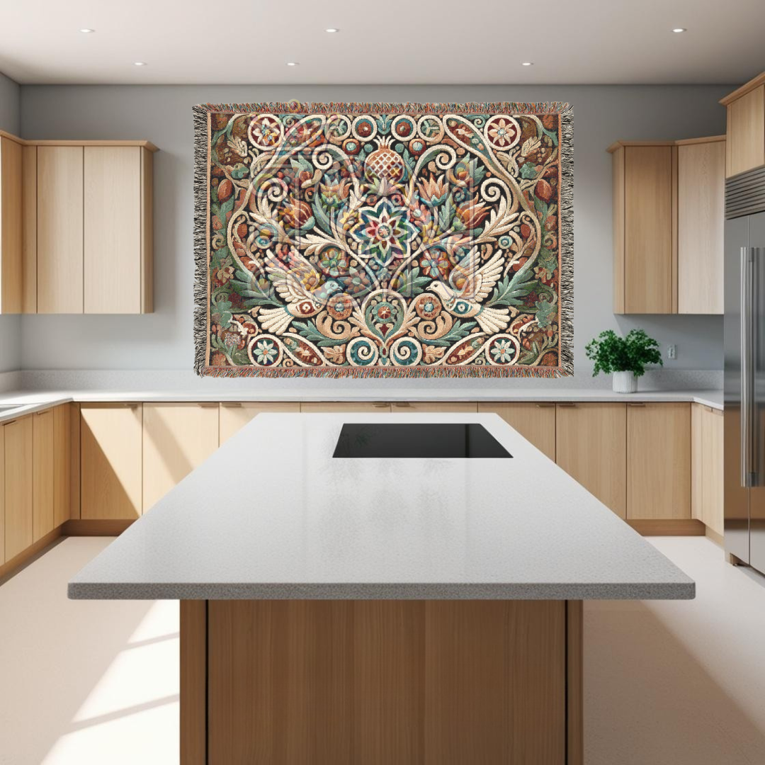 Peaceful Harmony Folk Art Dove Woven Blanket – Elegant Ornate Throw with Symbolic Doves & Garden Motifs