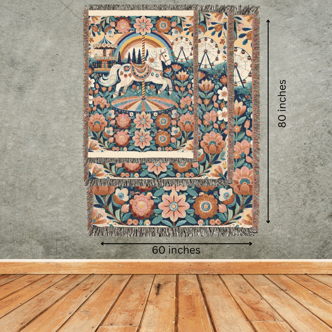 The Midnight Carousel – Folk Art Woven Throw Blanket with Carnival Horse and Florals