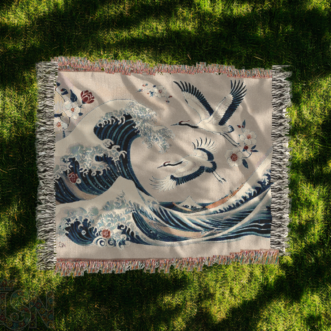 Japanese Wave & Crane Woven Blanket – 100% Cotton Tapestry Elegant Ocean Throw, Traditional Art Home Decor, Ukiyo-e Inspired Gift