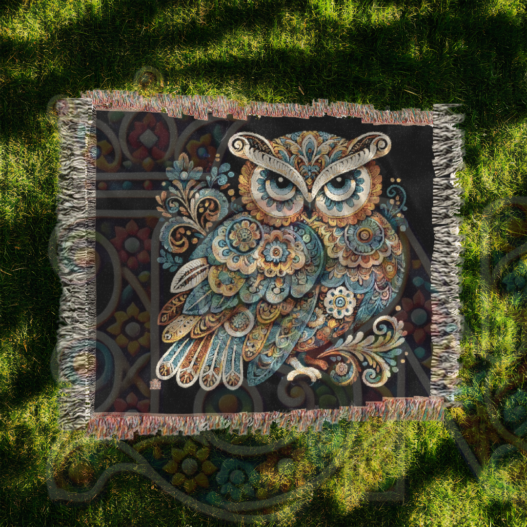 Boho Blue & Gold Owl Woven Blanket – 100% Cotton Tapestry Throw, Ornate Nature Decor, Elegant Couch Blanket, Nordic Owl Art Gift