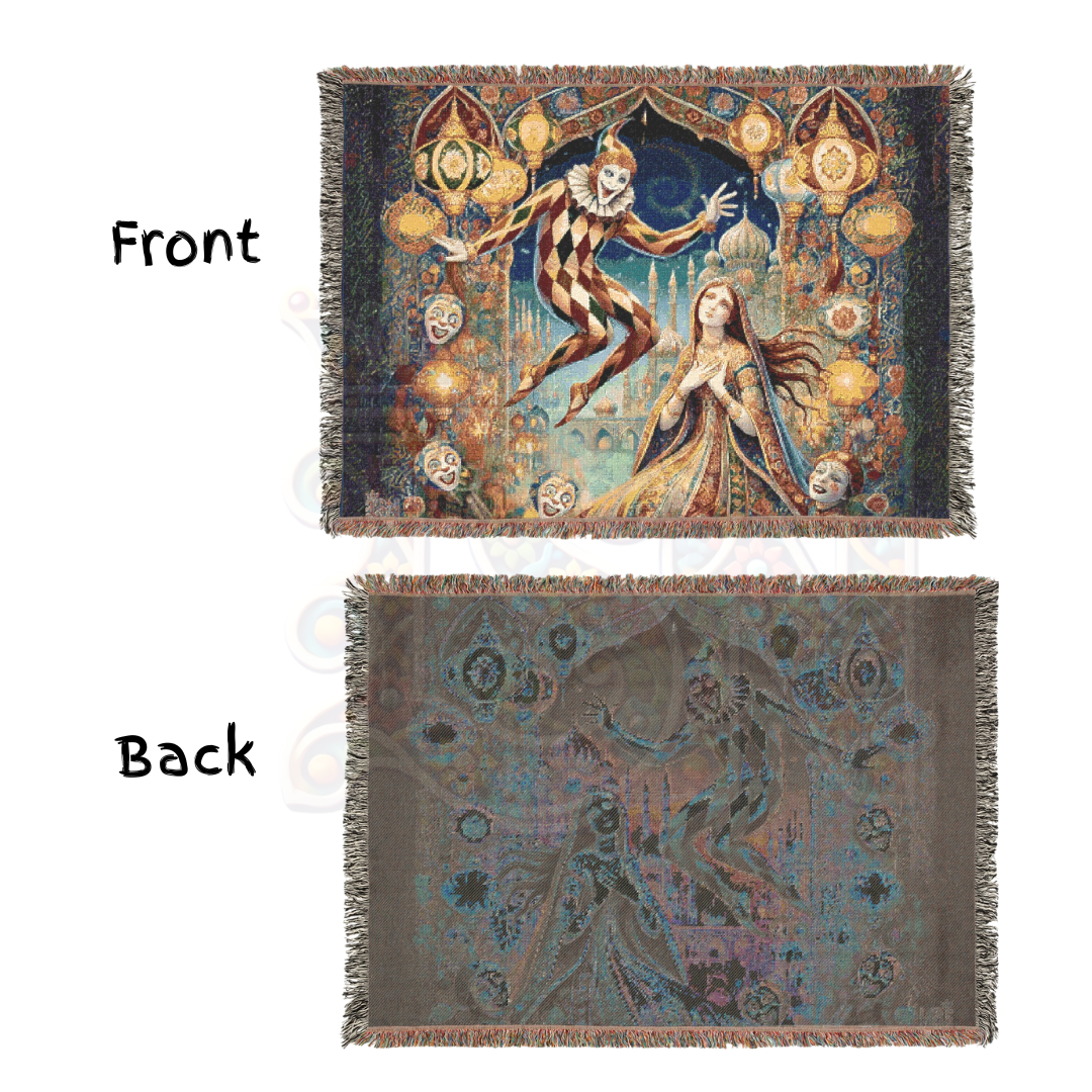Enchanting Harlequin & Maiden Woven Blanket – 100% Cotton, Fantasy Tapestry, Bohemian Home Decor, Gothic Art Throw, Unique Gift