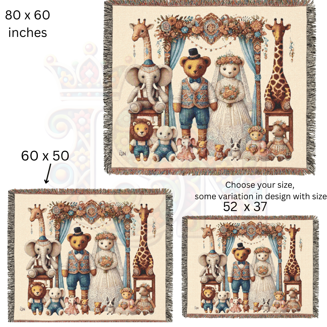 Teddy Bear Wedding Woven Blanket – 100% Cotton Vintage-Inspired Throw for Nursery, Wedding Gift, & Cozy Home Decor | Heirloom Tapestry for Storybook Lovers