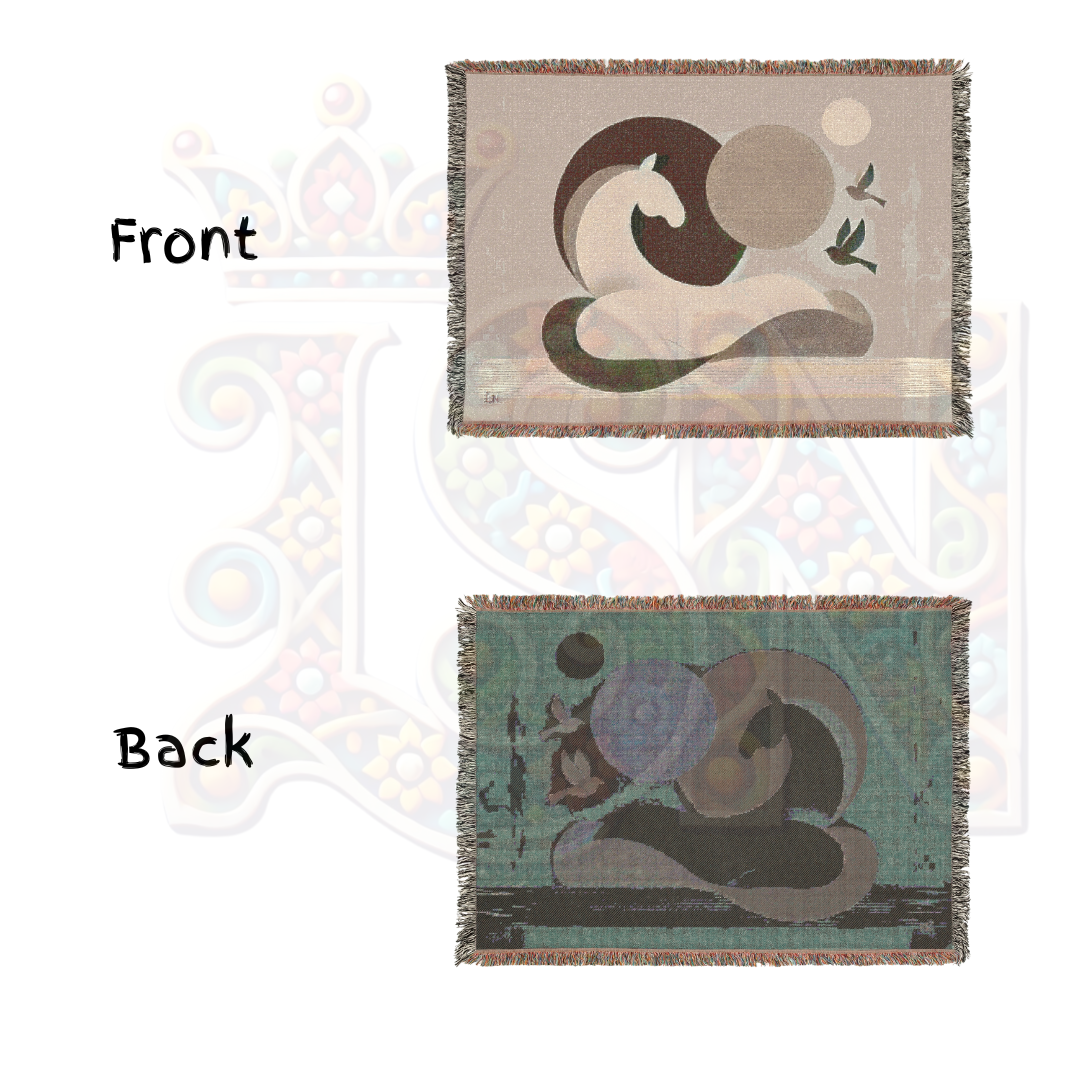Serene Equine Minimalist Horse and Birds Woven Blanket, Earth Tone Cozy Throw, Modern Nature-Inspired Home Decor Gift