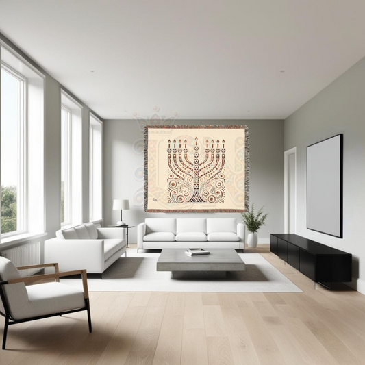 Radiant Menorah Folk Art Woven Blanket – Hanukkah Symbol of Light & Tradition Throw