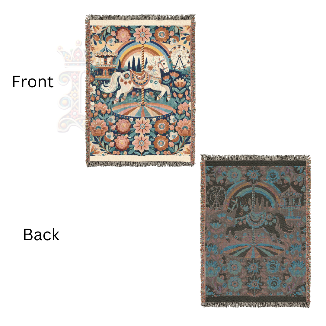 The Midnight Carousel – Folk Art Woven Throw Blanket with Carnival Horse and Florals