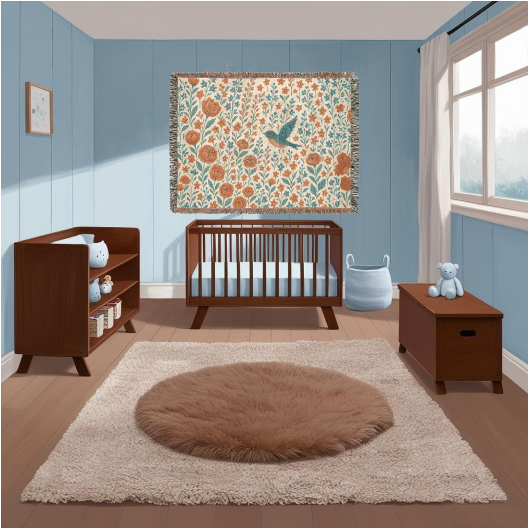 Bluebird’s Garden Woven Blanket – Fairycore Floral Throw, Cozy Nature-Inspired Nursery Decor