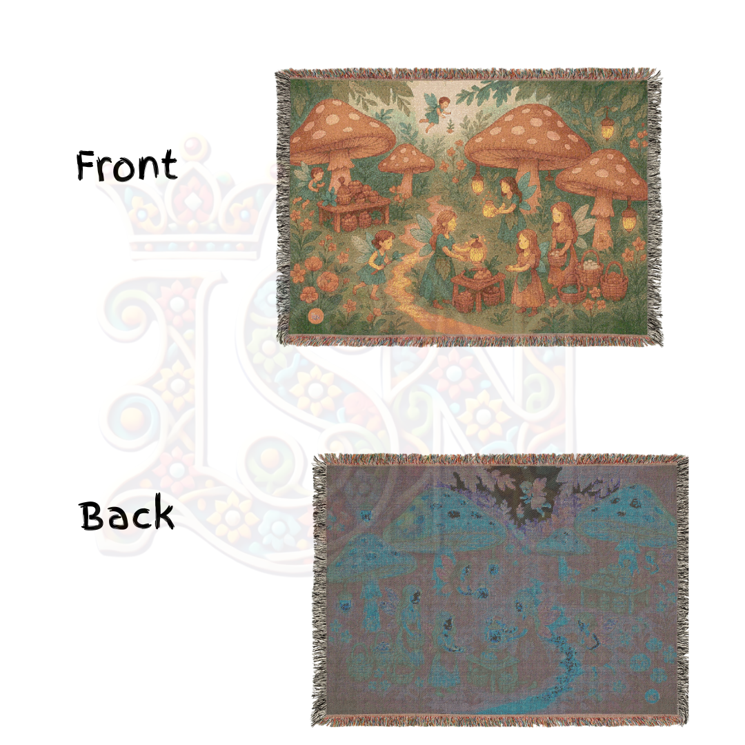 Mushroom Fairy Market Whimsical Fairycore Forest Gathering Woven Blanket – Magical Throw