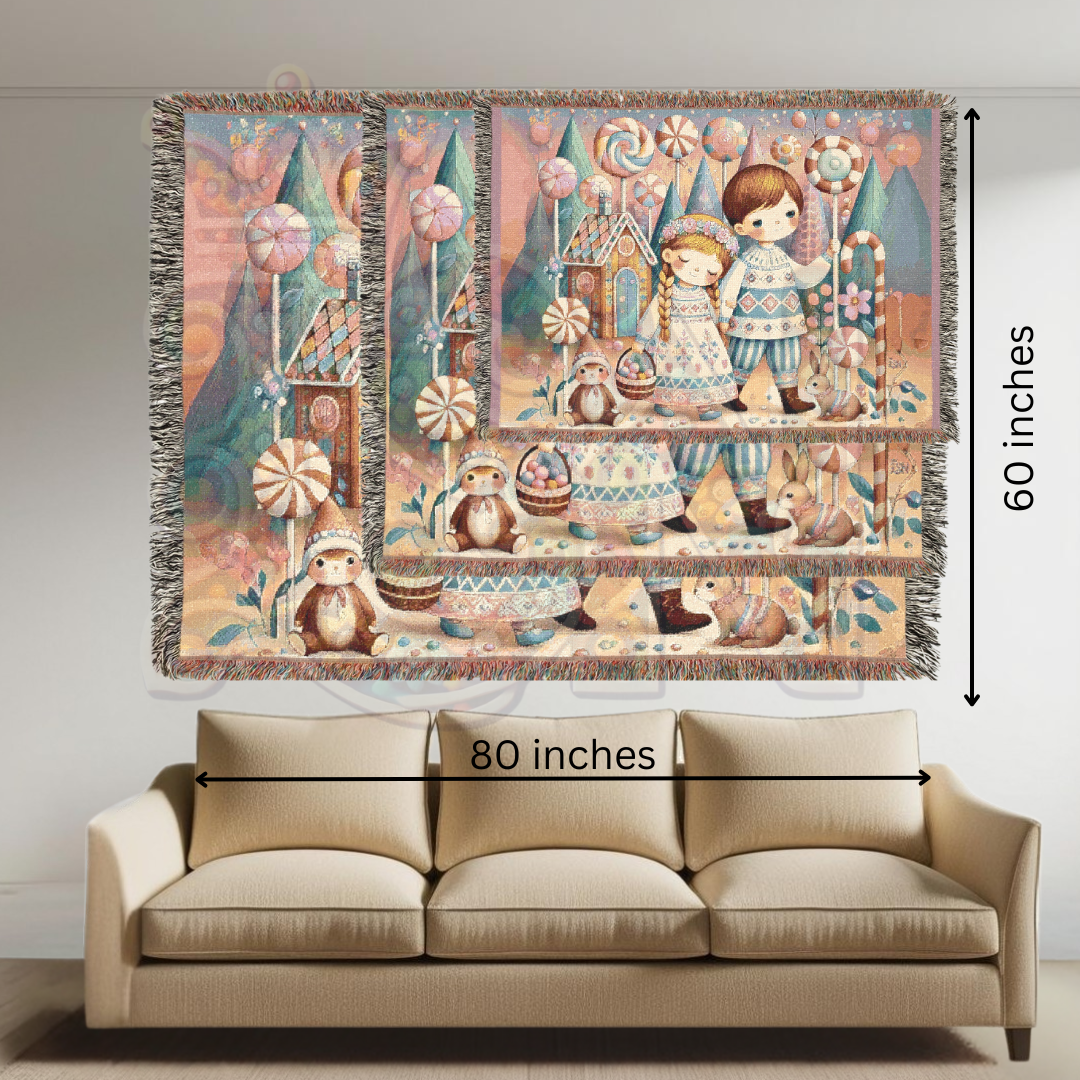 Hansel & Gretel Inspired Enchanted Candyland Village – Fairytale Woven Blanket