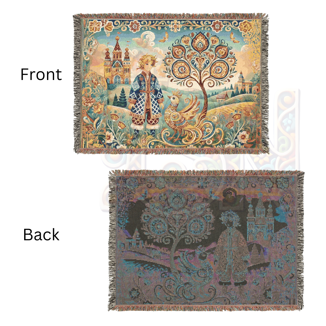 Fairy Tale Folk Art Woven Blanket – Enchanted Prince & Light Firebird, Slavic-Inspired Tapestry Throw for Cozy, Whimsical Décor