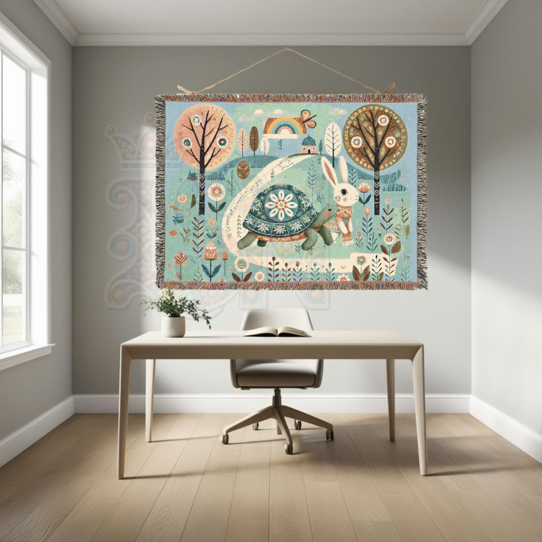 Whimsical Folk Art Woven Blanket – Tortoise & Hare Race | 100% Cotton Cozy Throw | Nursery, Cottagecore & Storybook-Inspired Décor