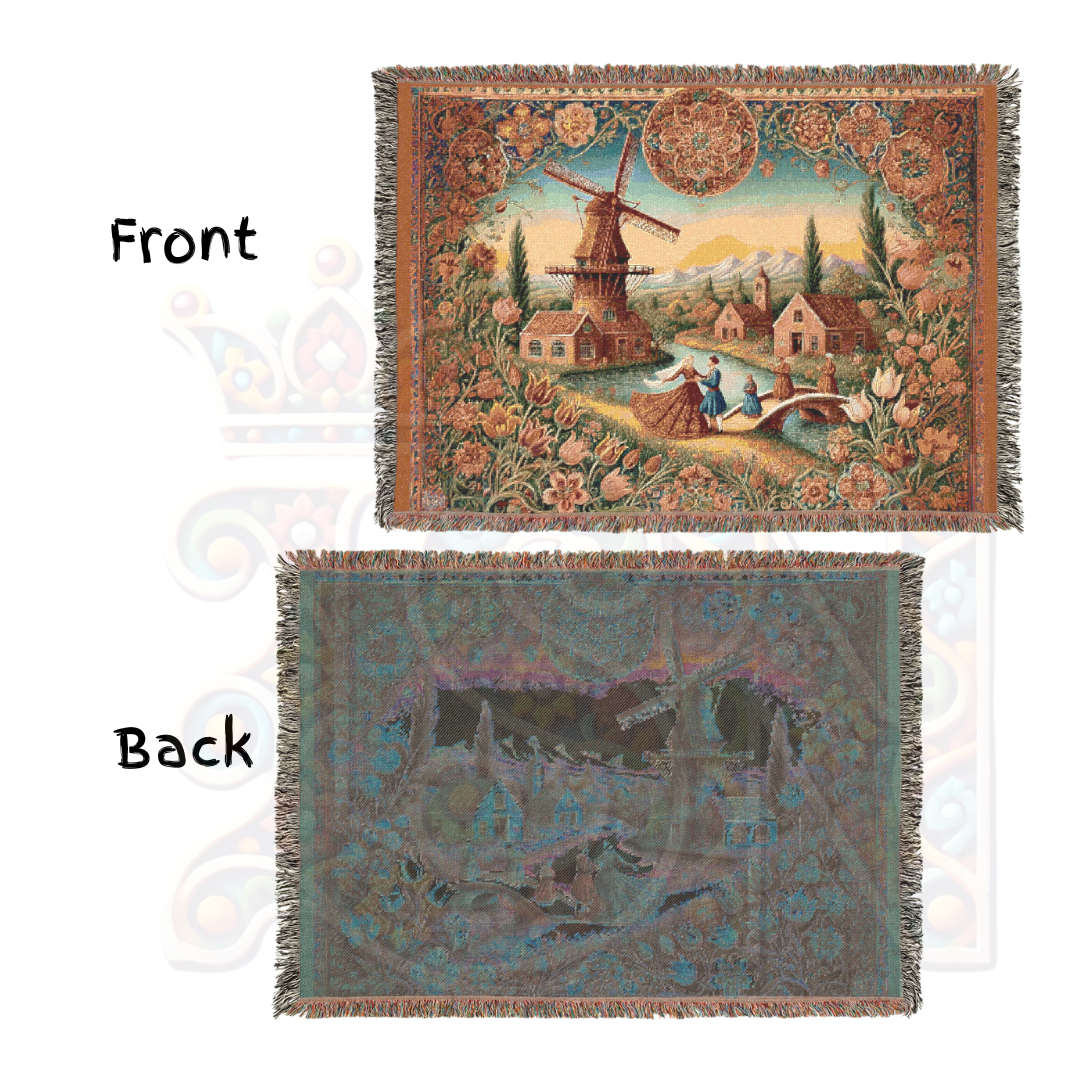 Dutch Countryside Woven Blanket – 100% Cotton, Windmill Tapestry, Vintage Farmhouse Decor, Rustic European Throw, Cozy Heritage Gift