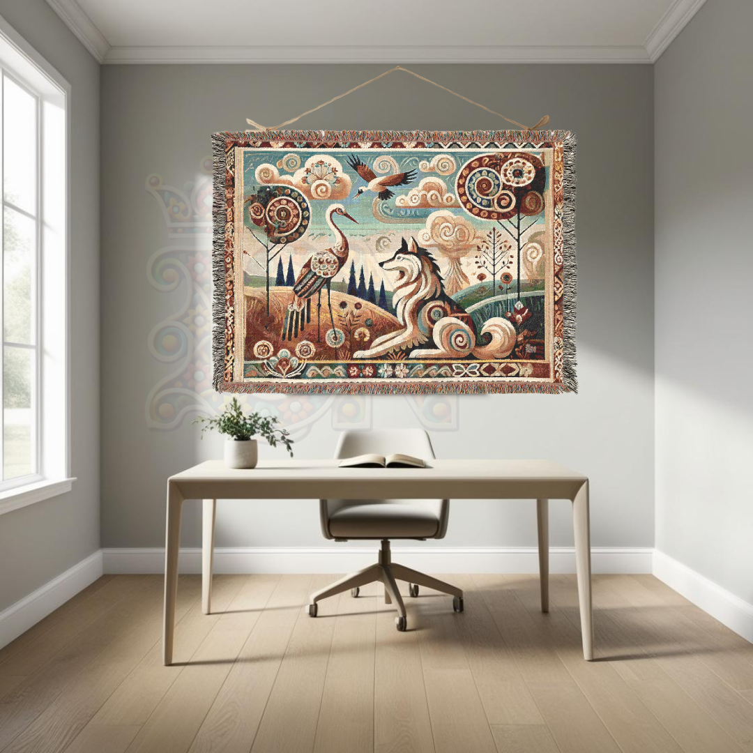 Boho Mystical Wolf & Crane Tapestry Blanket – Inspired by Aesop's Fables - Folk Art Nature Woven Throw, Whimsical Animal Decor for Dreamy Homes & Cozy Spaces