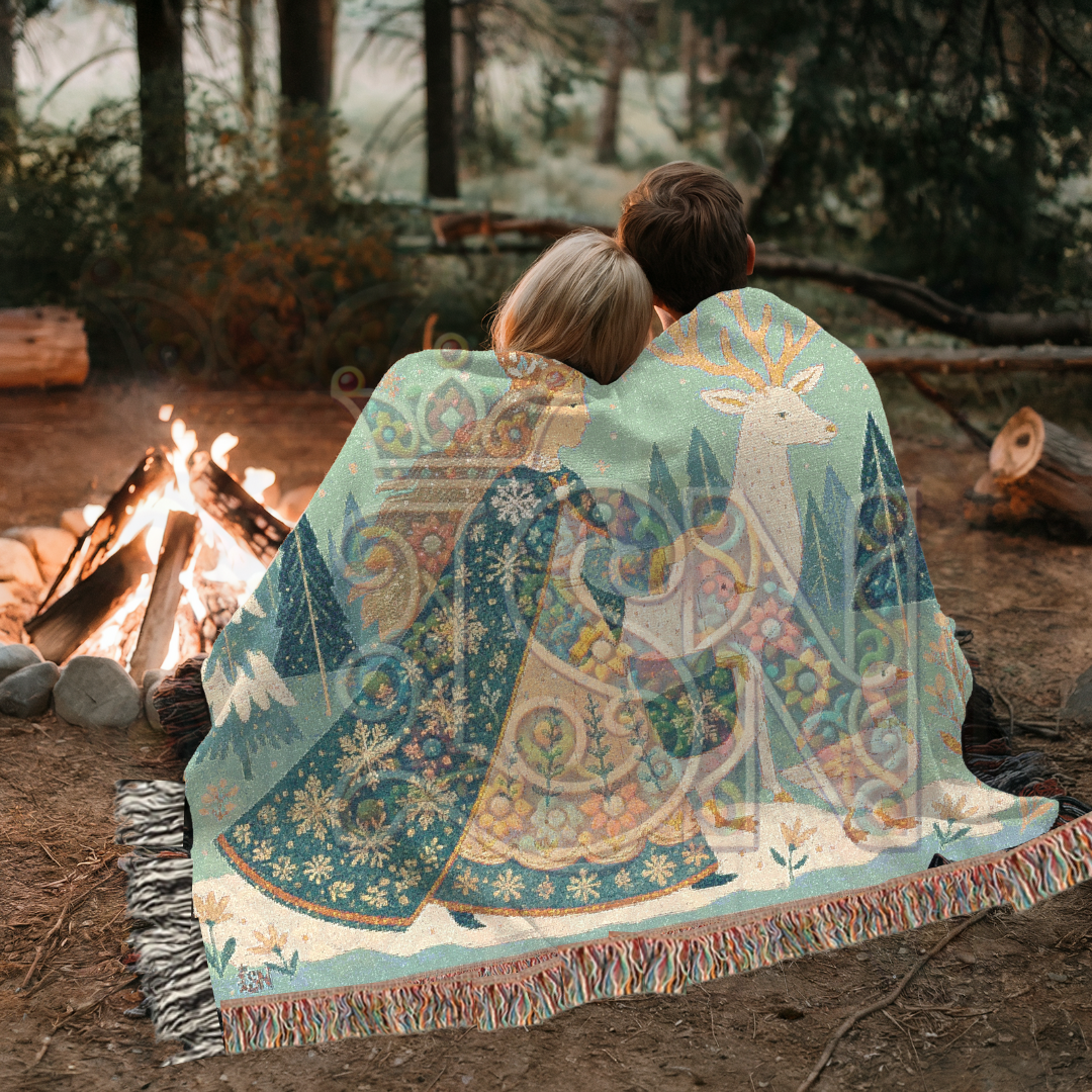 Winter Queen’s Procession Enchanted Folk Art Woven Blanket – Cozy 100% Cotton Throw