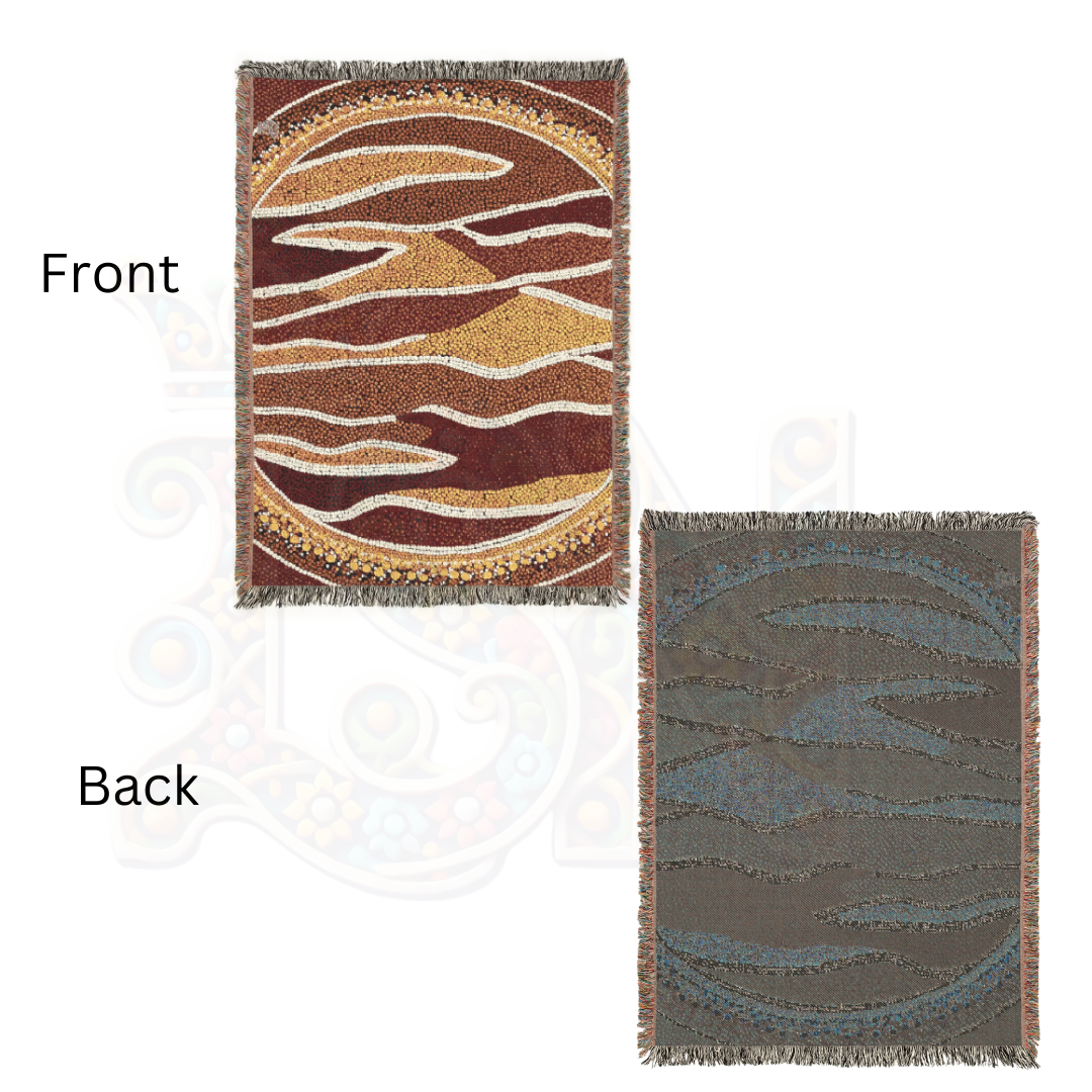 Australian Art-Inspired Woven Blanket – Earthy Tribal Tapestry with Nature Motifs