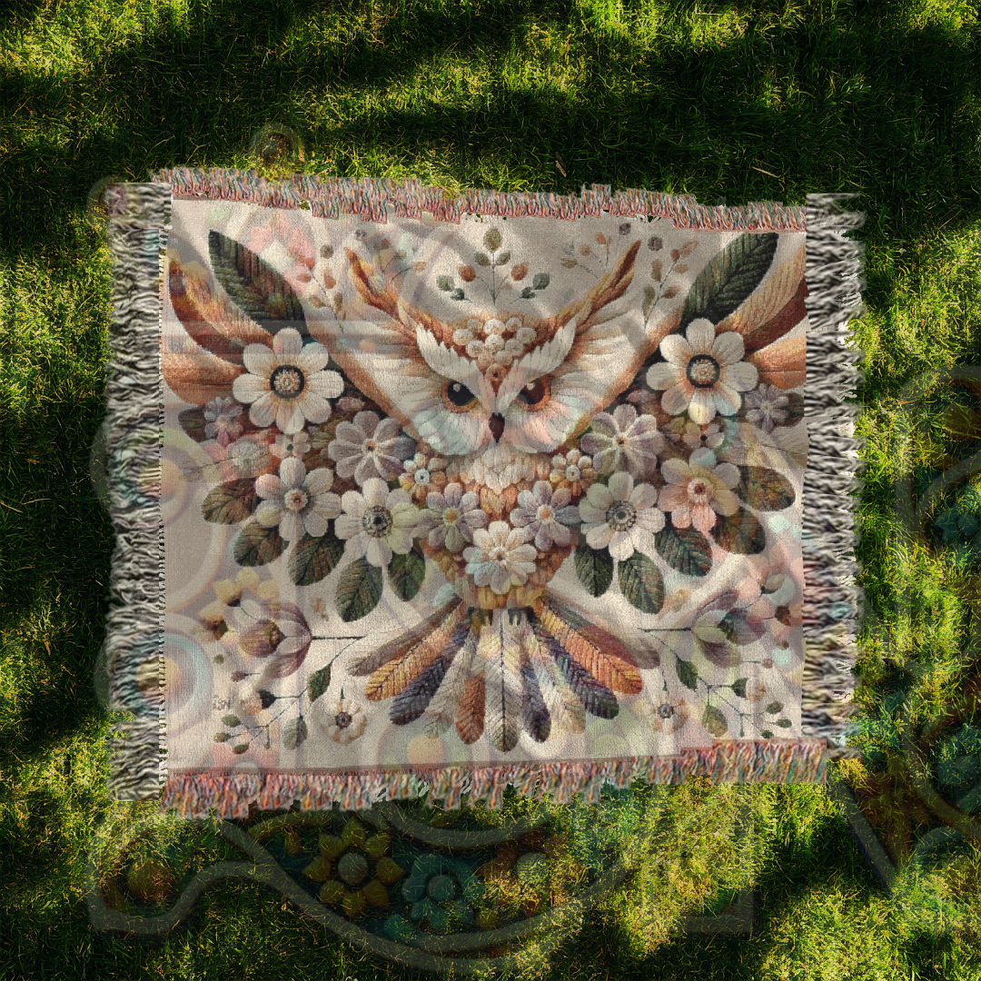 Floral Owl Woven Blanket – Cottagecore Boho Throw, 100% Cotton, Nature-Inspired Home Decor, Cozy Gift for Bird Lovers