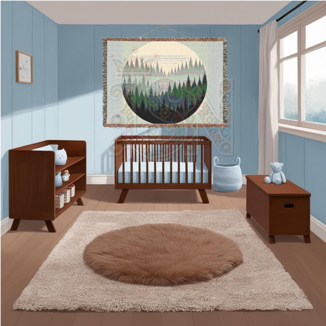 Forest Circle Minimalist Woven Blanket, Layered Woodland Pines Cozy Throw, Nature Inspired Home Decor Gift