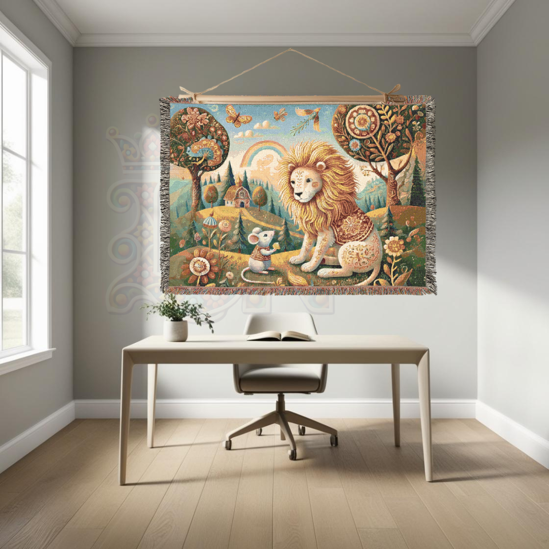 Enchanted Folk Art Woven Blanket – Storybook Lion & Mouse Tapestry | Cozy 100% Cotton Boho Woodland Throw, Nursery & Home Decor