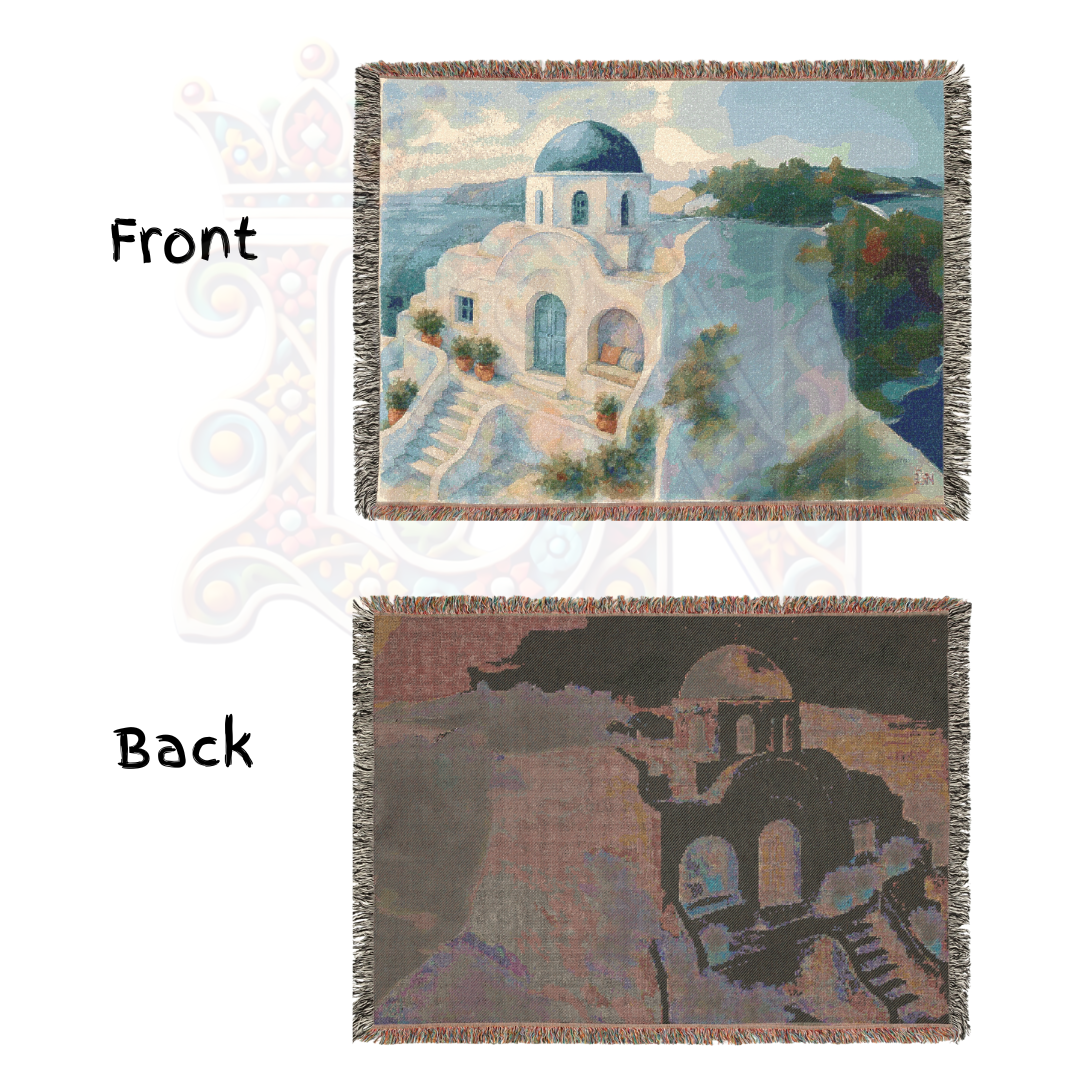 Cliffside Calm – Greek Villa Woven Blanket with Blue Dome & Coastal Landscape