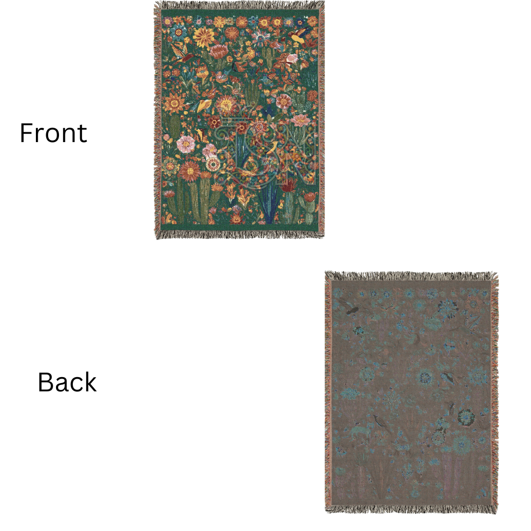 Vibrant Mexican Folk Art Woven Blanket in Green | Cacti, Birds, and Flowers Design