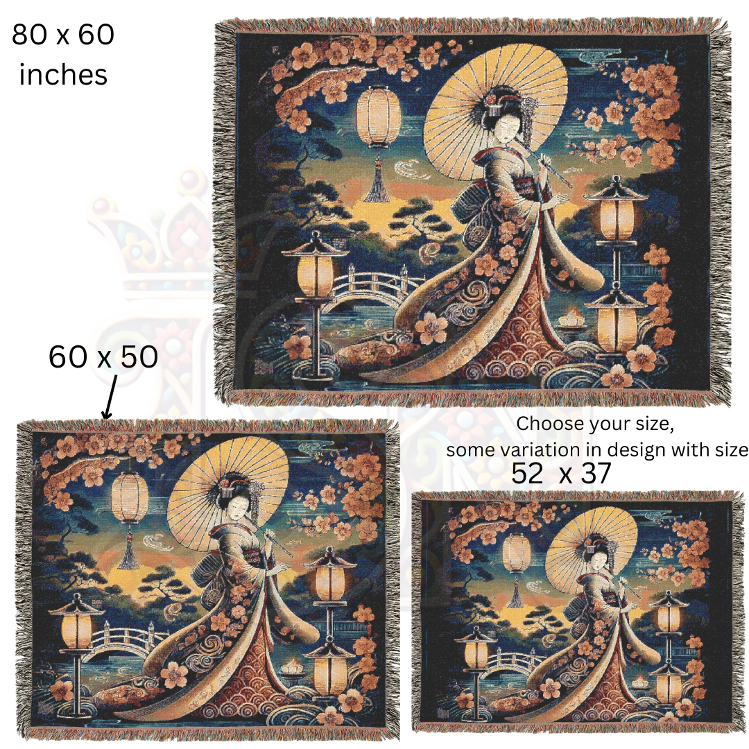 Japanese Folk Art Geisha Woman Serenity Tapestry Blanket – Elegant Japanese Art, Cherry Blossoms & Lantern Glow – Cozy & Decorative Throw