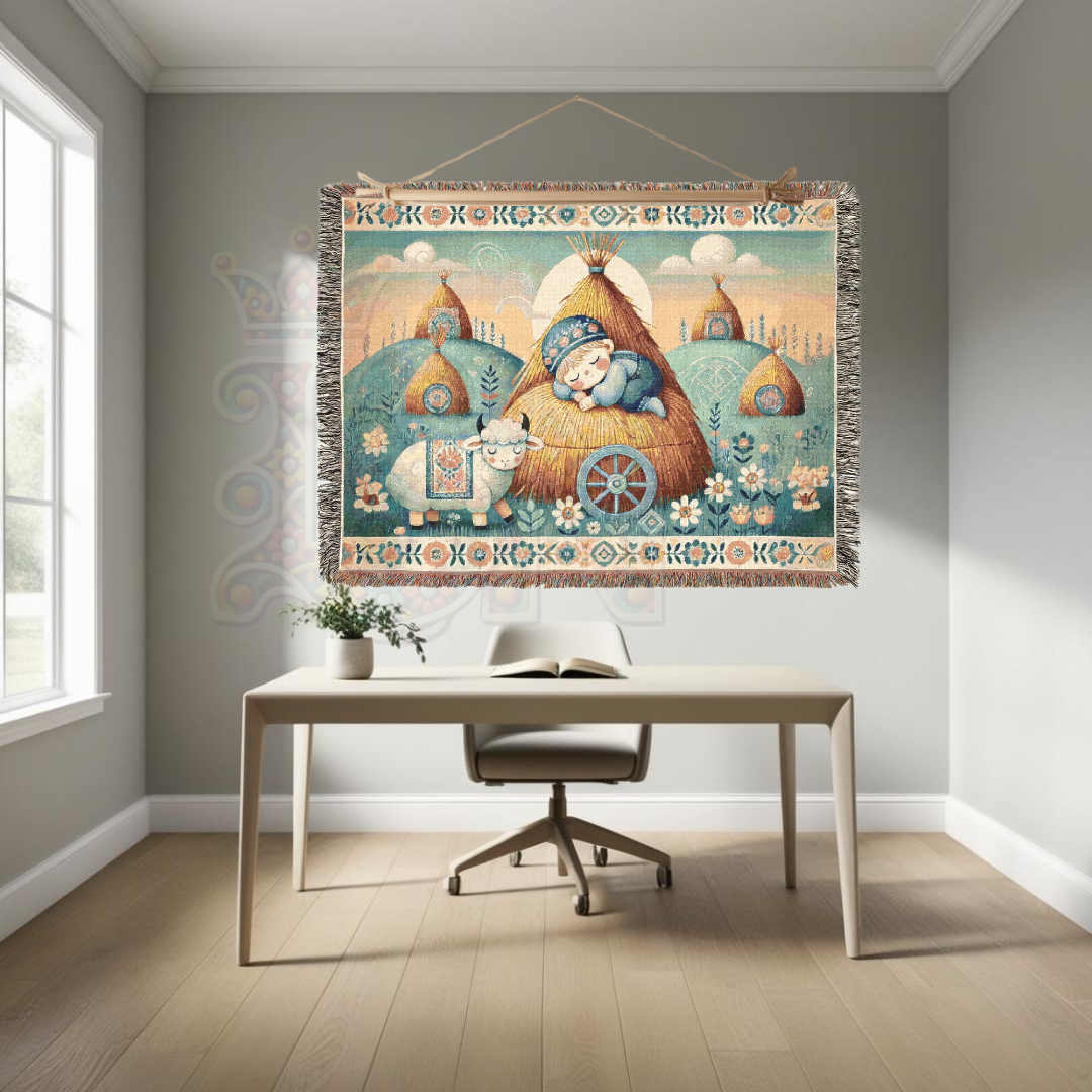 Little Boy Blue Inspired Cozy Farm Woven Blanket – 100% Cotton Tapestry Throw – Sleeping Boy & Sheep Pastoral Scene, Rustic Country Decor, Folk Art Style