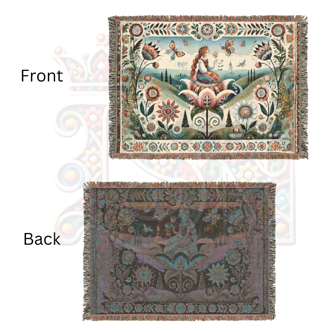 Whimsical Folk Art Thumbelina Inspired Princess Woven Blanket, 100% Cotton Tapestry – Storybook Fairytale Throw, Nordic Boho Home Decor, Cozy Gift for Her