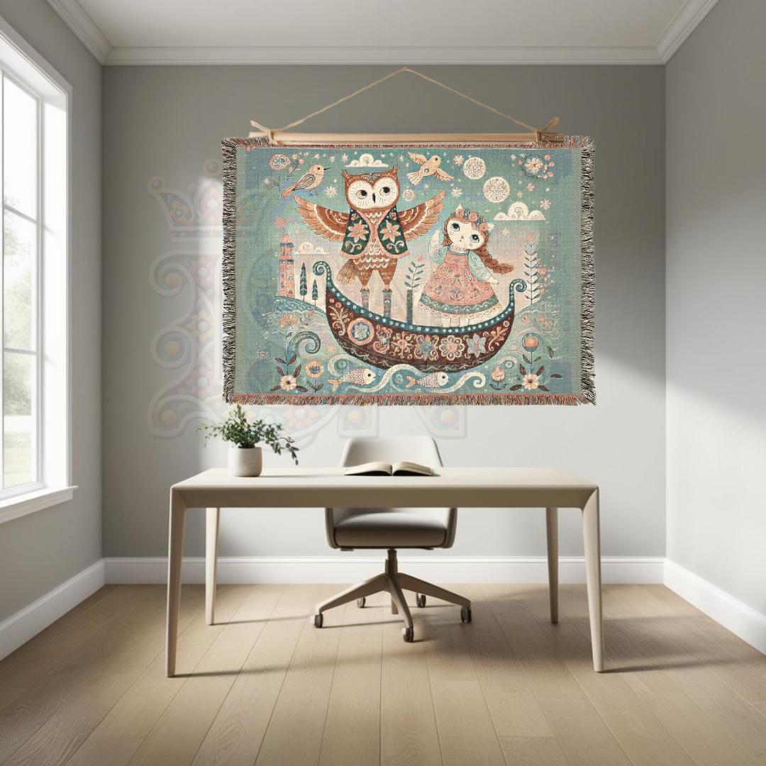 Owl & Pussycat Folk Art Woven Blanket, 100% Cotton Tapestry – Whimsical Storybook Throw, Boho Light Cottagecore Decor, Unique Gift for Dreamers