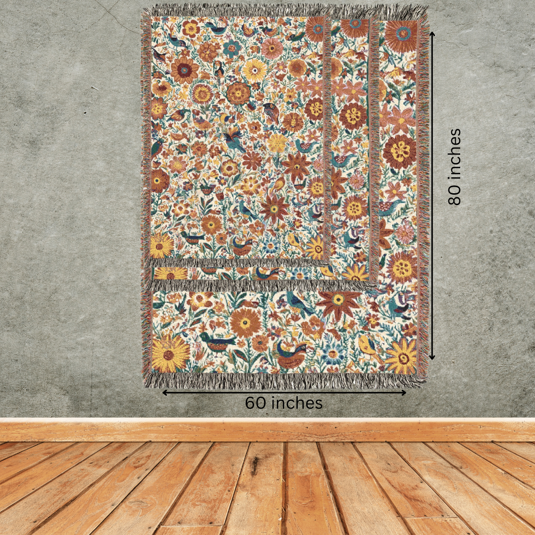 Botanical Garden Woven Blanket, 100% Cotton Tapestry Throw with Vintage Floral & Bird Pattern, Nature-Inspired Home Decor
